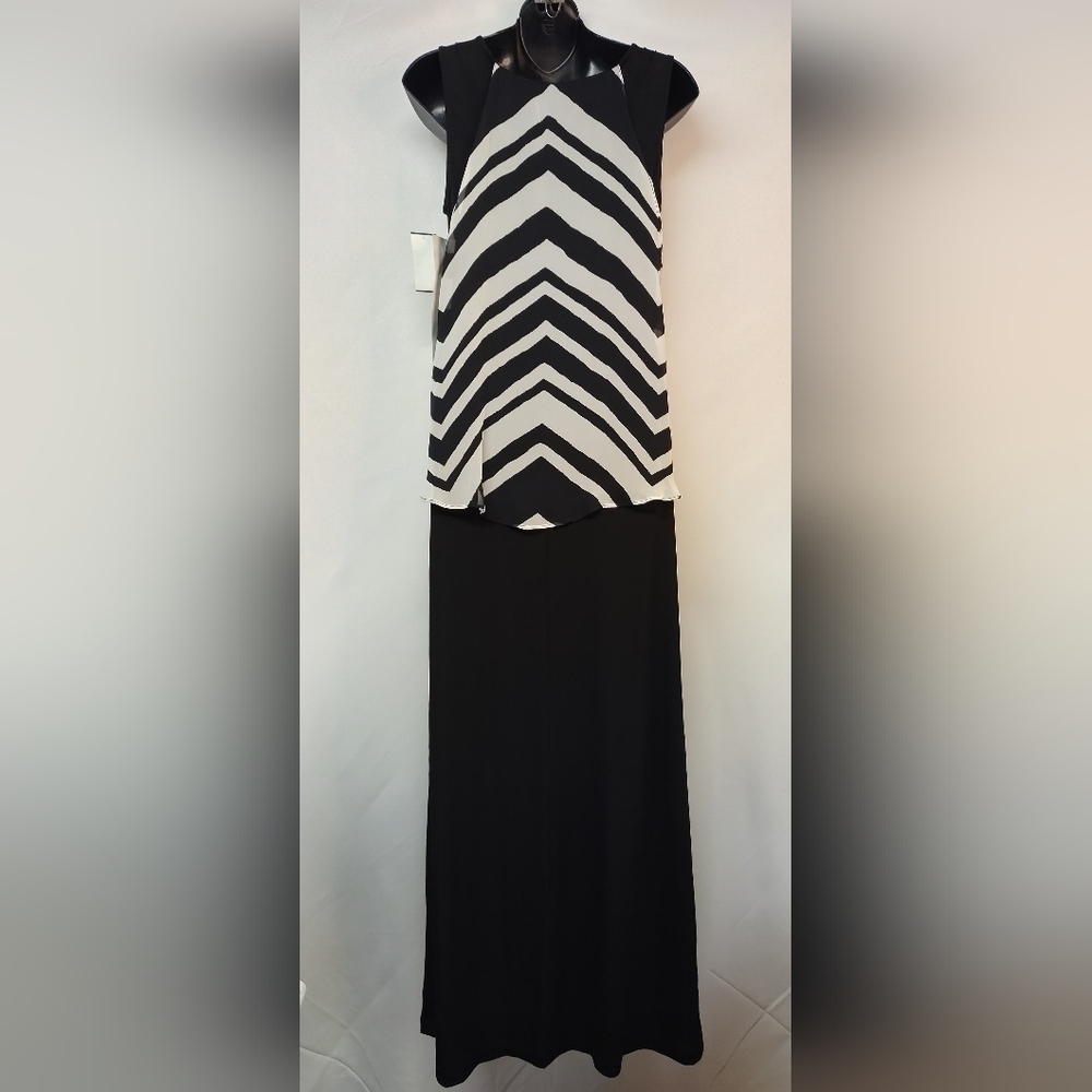 Connected Apparel Black White Striped Full-length Overlay Dress Size 6 NWT - Picture 2 of 10